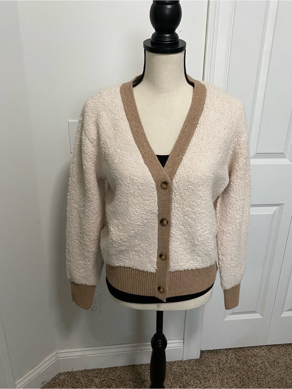 Halogen Soft Cream Cardigan with Tan Trim Button Front